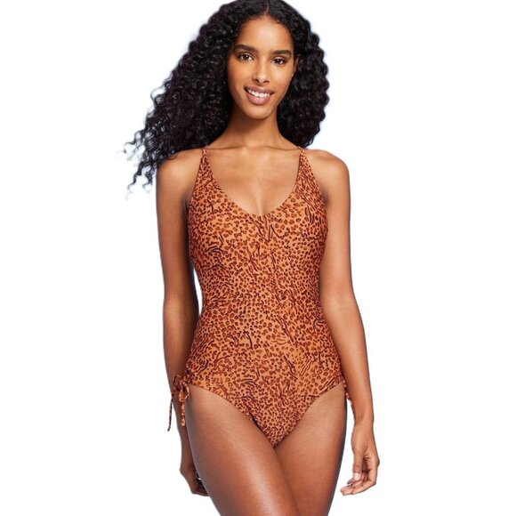 Shade & Shore Medium 8-10 Brown Animal Print Side-Tie Plunge Neck 1 Pc Swimsuit - Picture 1 of 5